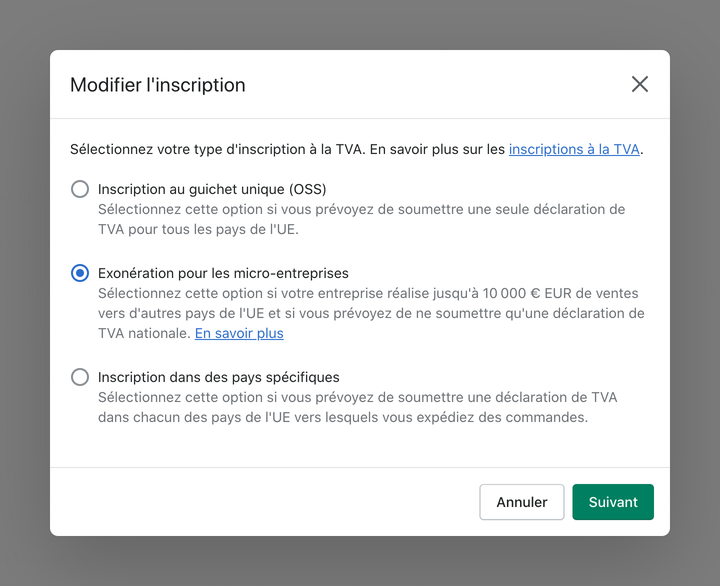 Shopify eu exoneration pour micro enterpsises