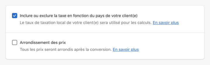 Shopify inclure exclure taxes fonction pays client