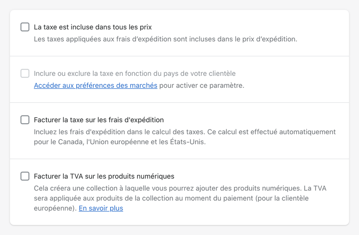 Shopify taxe exlure prix