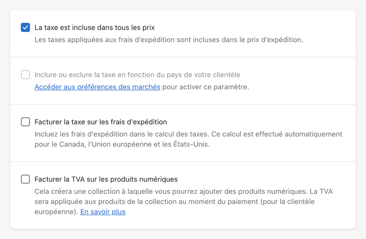 Shopify taxe inclure prix